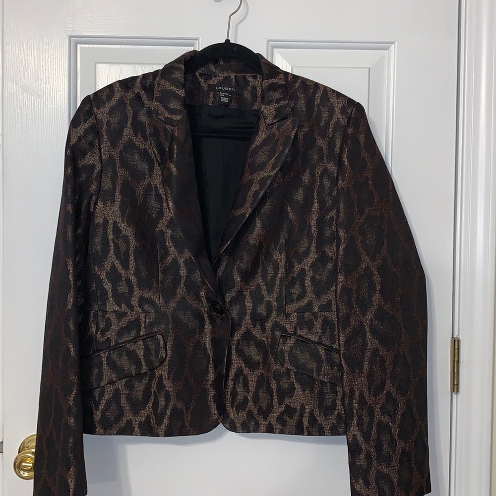 LOUBEN Brown Metallic Leopard Print Blazer - Women's 14